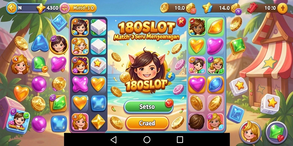 Tampilan menarik dari gameplay <strong>180SLOT</strong> dengan elemen Match-3 yang cerah.