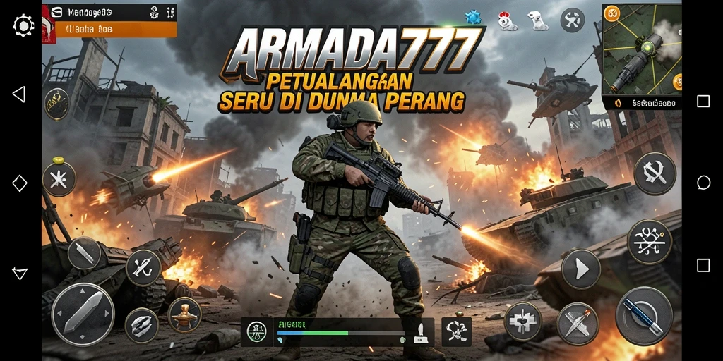 Tampilan gameplay action yang mendebarkan dari ARMADA777 dengan karakter beraksi.