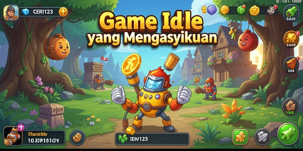 Tampilan gameplay Idle CERI123 dengan karakter bergerak dan mengumpulkan sumber daya.