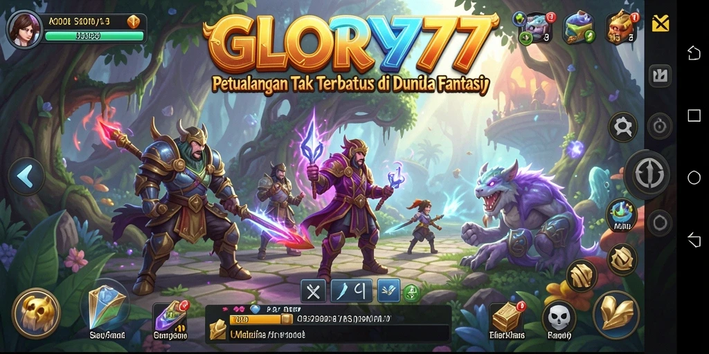 Tampilan screenshot gameplay <strong>GLORY777</strong> yang menampilkan pertempuran epik dan eksplorasi dunia.