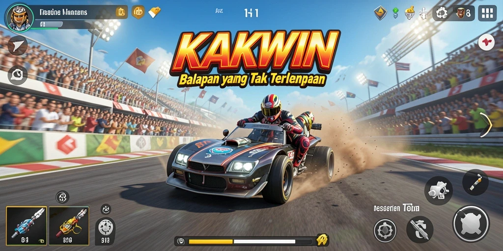 Screenshot gameplay KAKWIN yang menunjukkan aksi balapan seru.