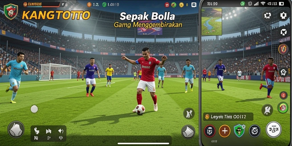 Tampilan gameplay <strong>KANGTOTO</strong> menunjukkan aksi sepak bola yang seru dan mendebarkan.