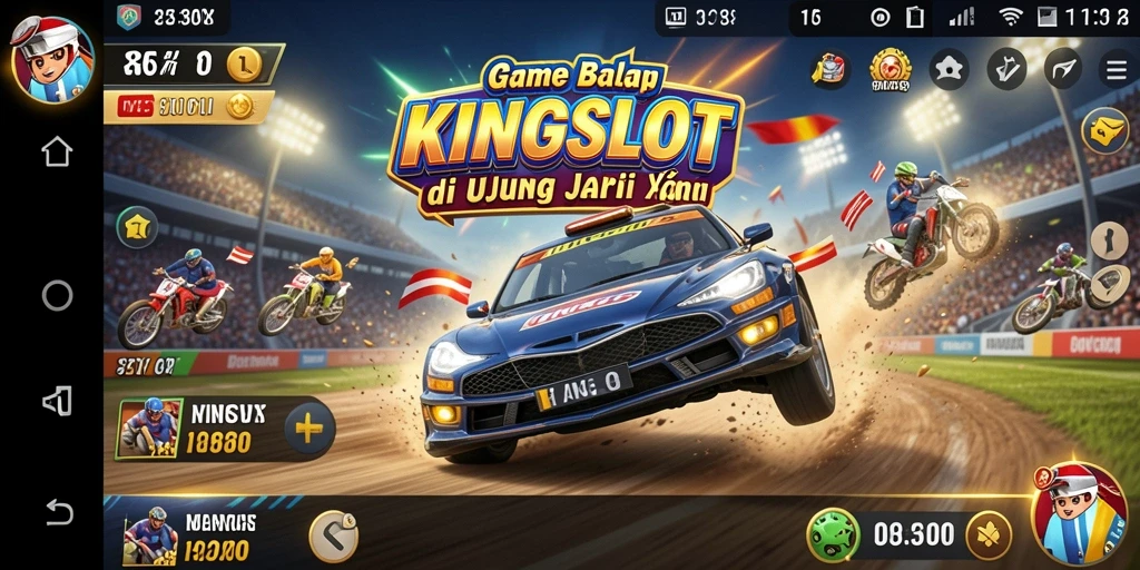 Screenshot gameplay KINGSLOT menampilkan aksi balap yang mendebarkan.