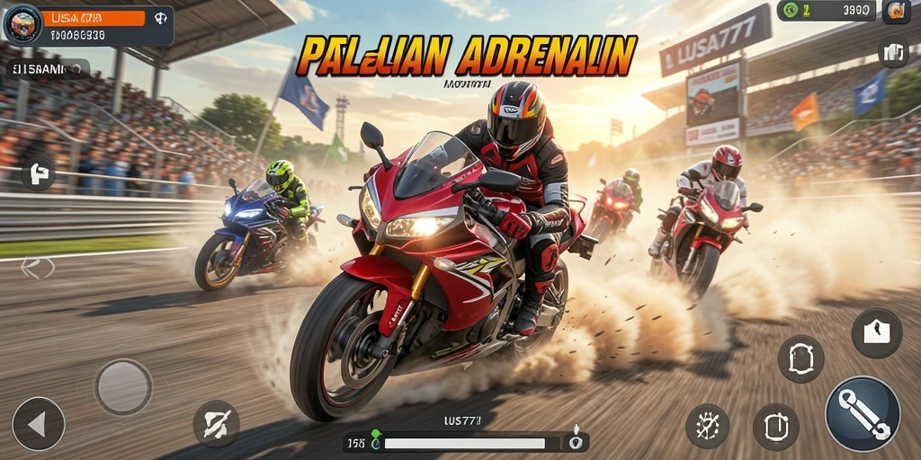 Tampilan balapan seru dalam permainan LUSA777 dengan motor-motor cepat.