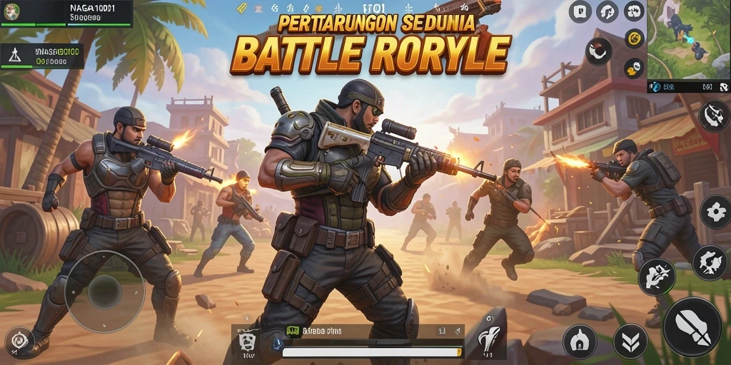 Screenshot NAGA1001 menampilkan aksi seru di battlefield Battle Royale.