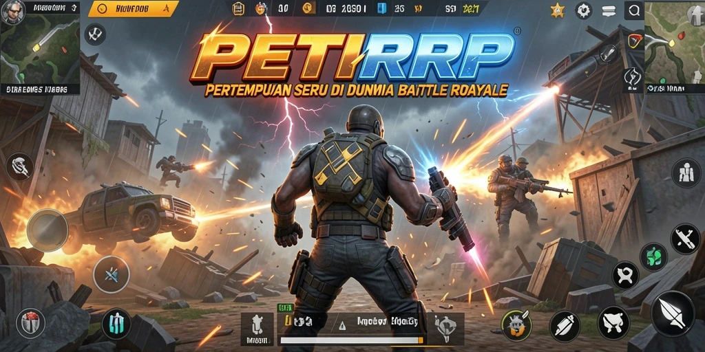 Tangkapan layar utama PETIRRP menampilkan aksi seru di arena Battle Royale.