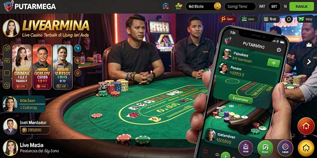 Tangkapan layar PUTARMEGA menampilkan dealer dan pemain dalam gameplay Live Casino yang mendebarkan.