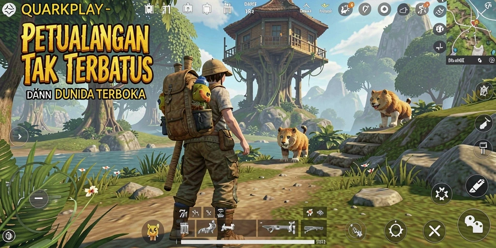 Tampilan gameplay QUARKPLAY yang menampilkan petualangan di dunia terbuka.