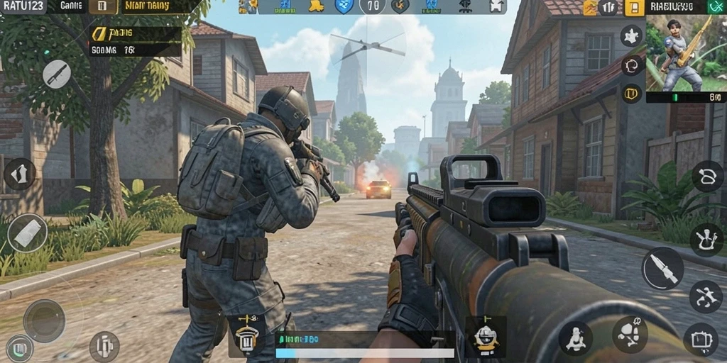 Screenshot gameplay <strong>RATU123</strong> menampilkan aksi tembak-menembak yang intens.