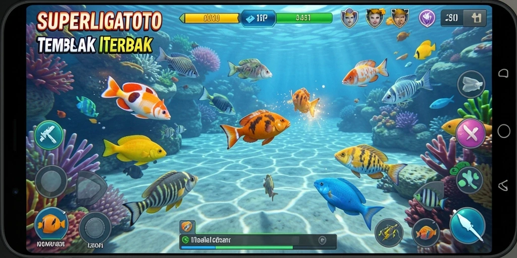 Tampilan gameplay seru dalam SUPERLIGATOTO saat menangkap ikan.